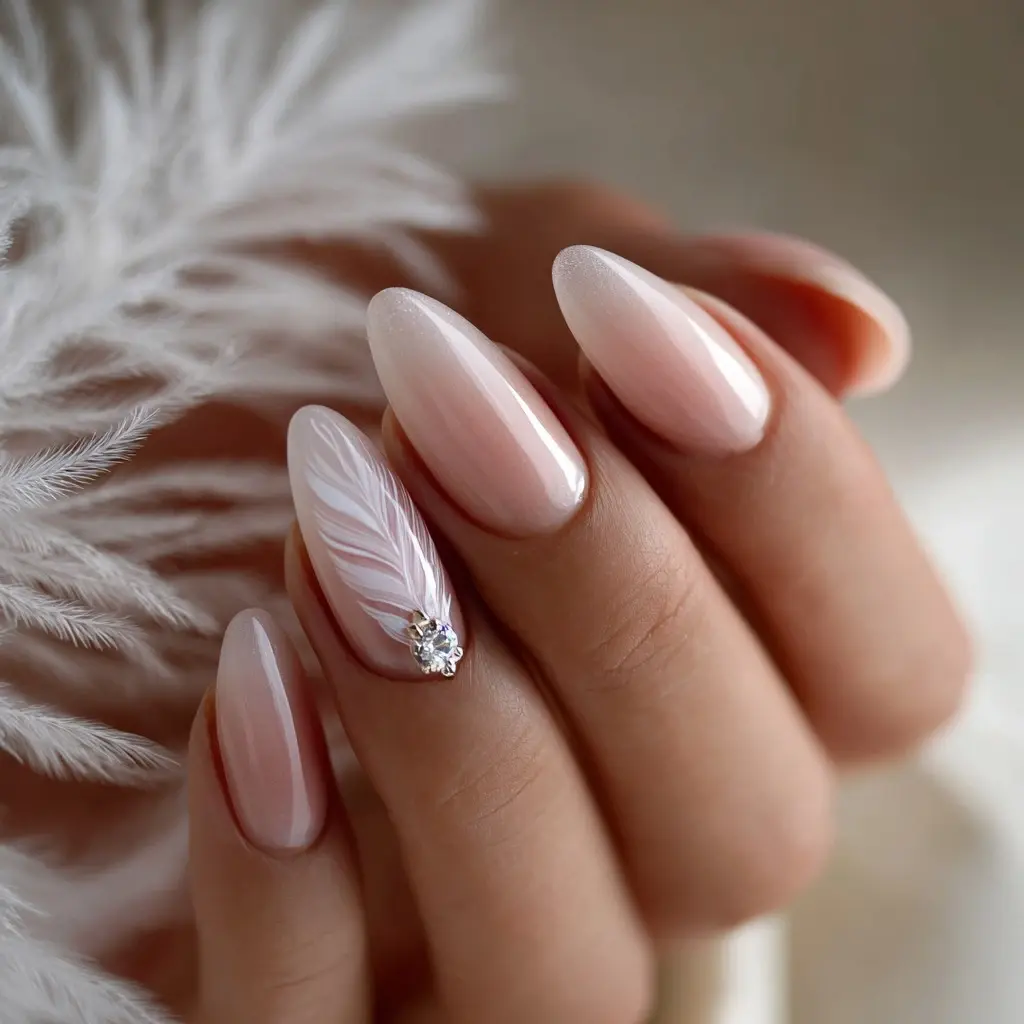 nude and white almond long nails with minimalist and abstract