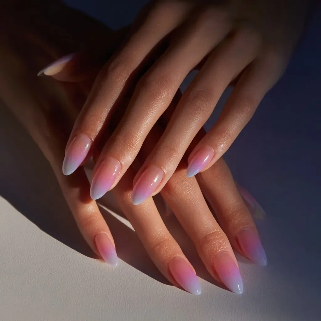 pink and pastel coffin long nails with ombre and glossy