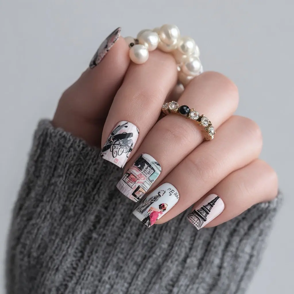 white and pink round medium nails with floral and abstract
