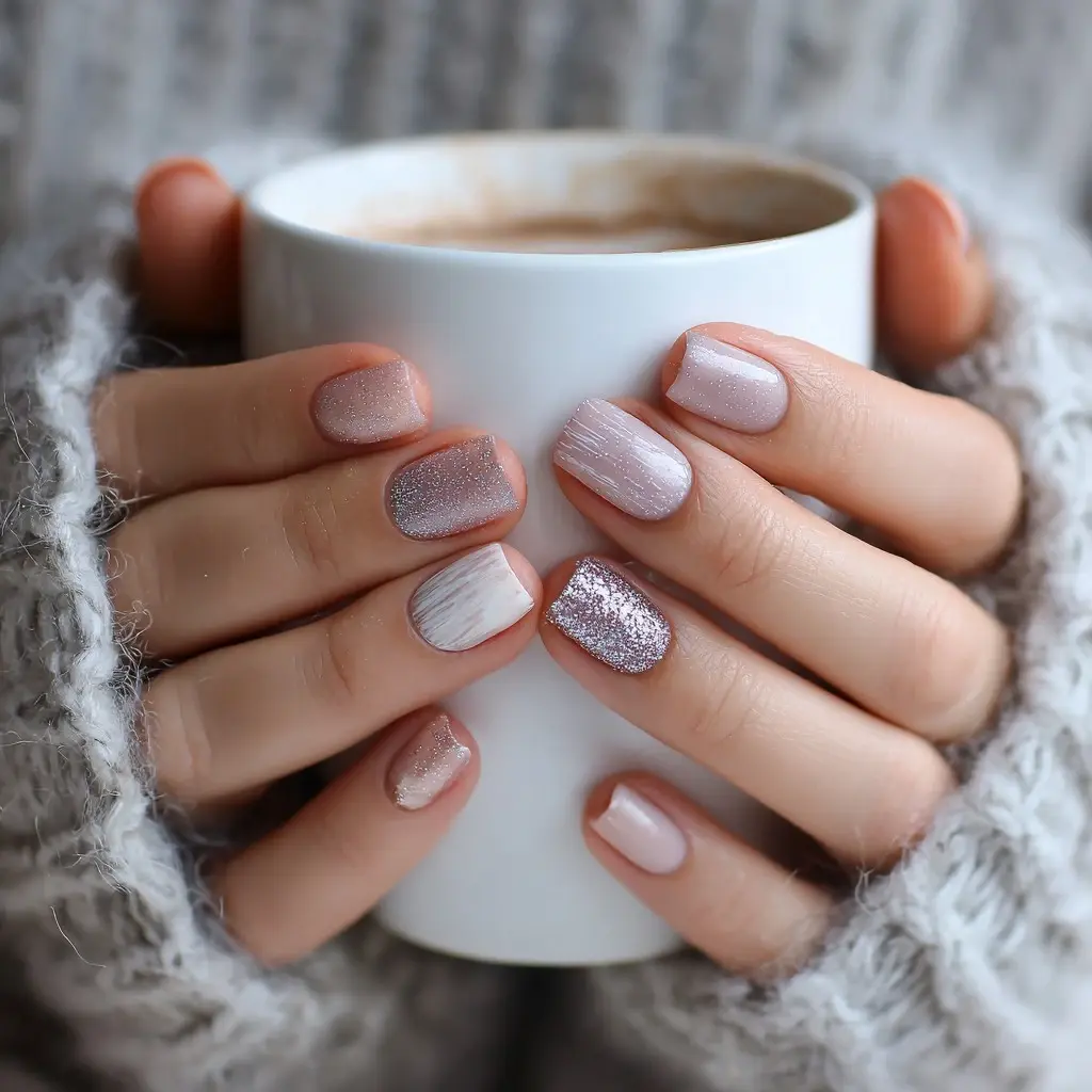 pastel and metallic coffin medium nails with glitter and glossy