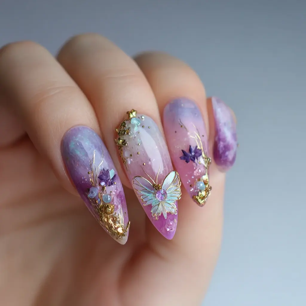 purple and pink coffin long nails with floral and abstract