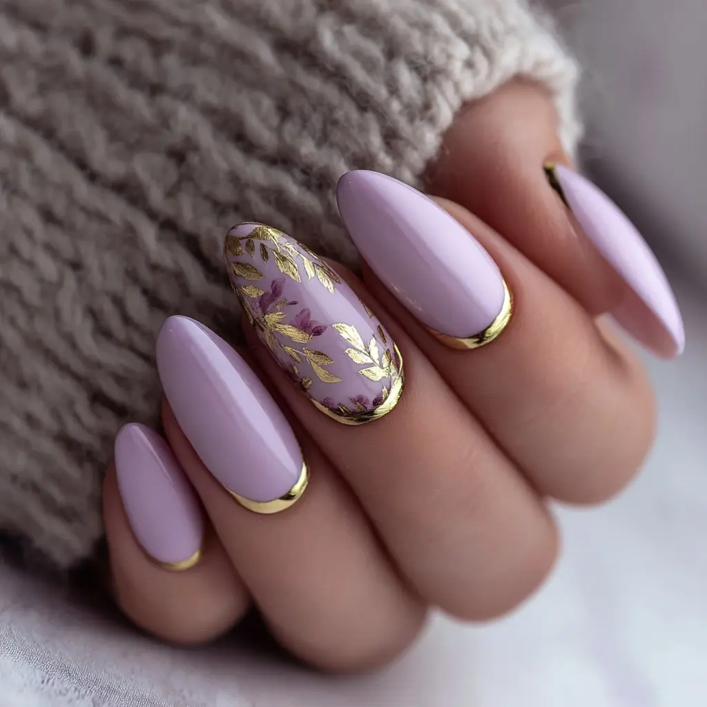 purple and gold coffin long nails with floral and glossy