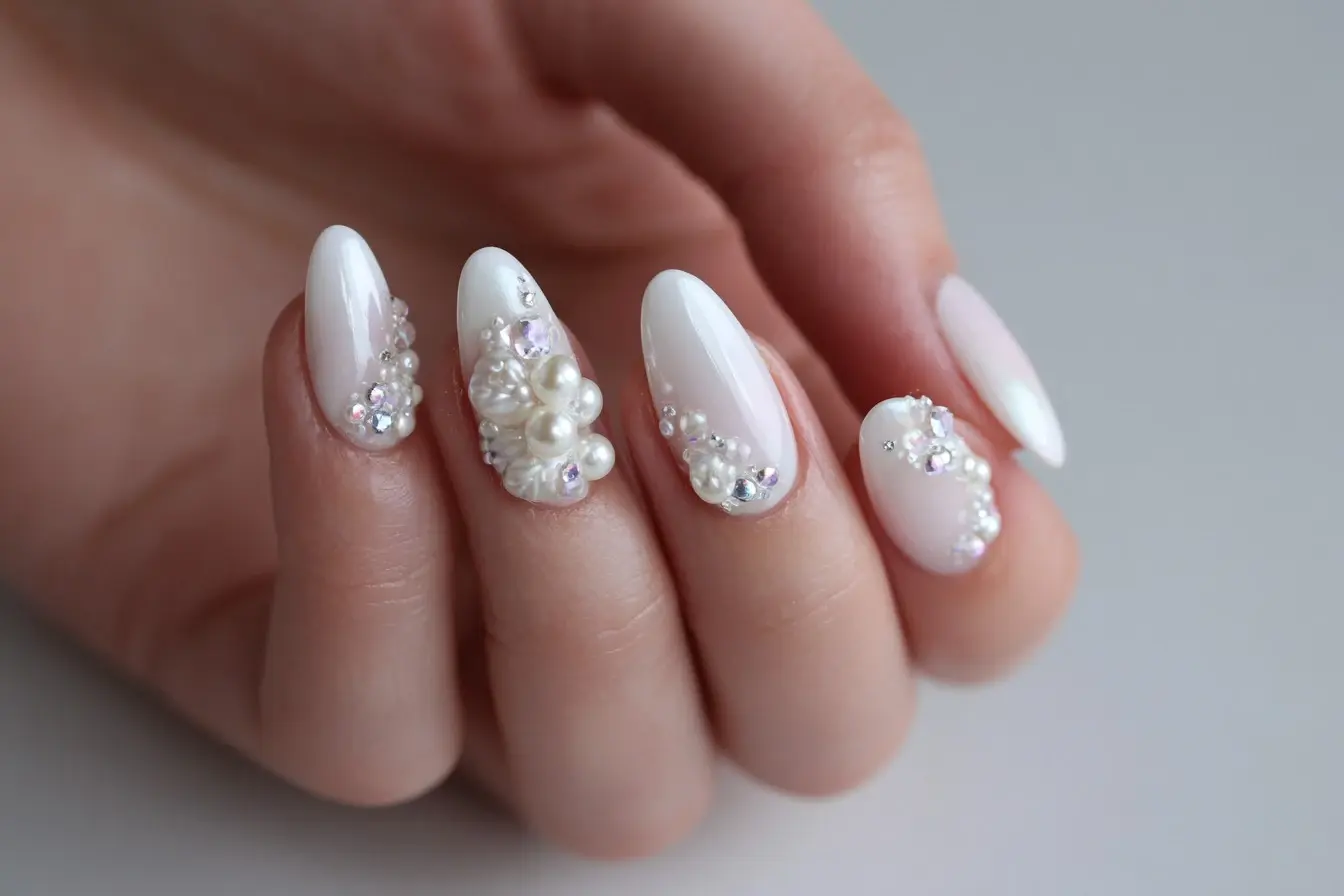 white and metallic stiletto long nails with floral and glossy