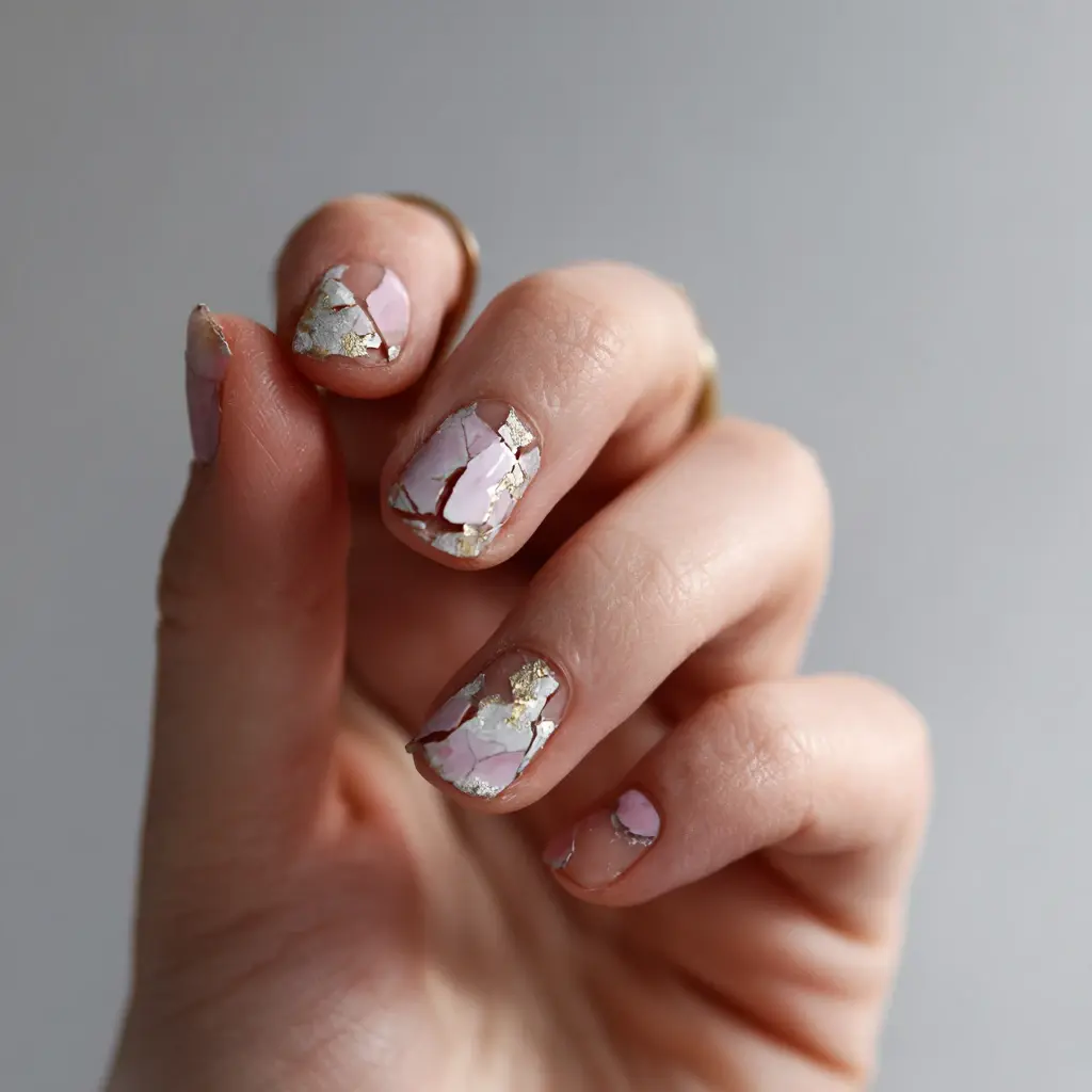 pink and gold almond medium nails with abstract and glossy