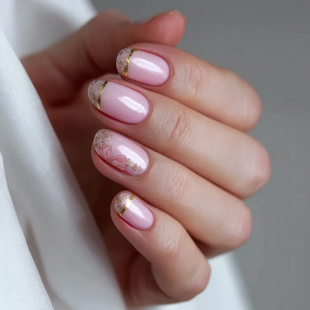 pink coffin medium nails with floral and glossy