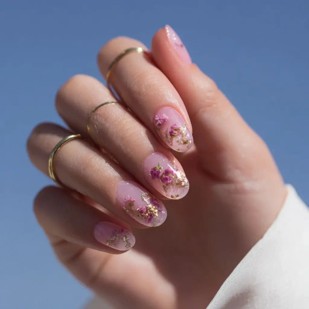 pink and gold almond medium nails with floral and glossy