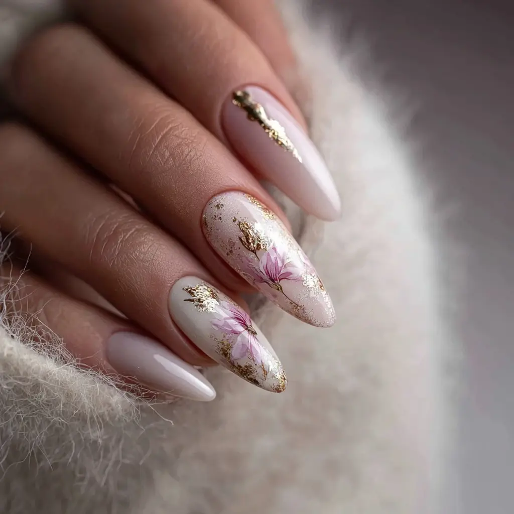 pink and white coffin long nails with floral and glossy