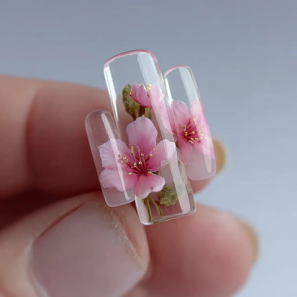pink and green coffin long nails with floral and glossy