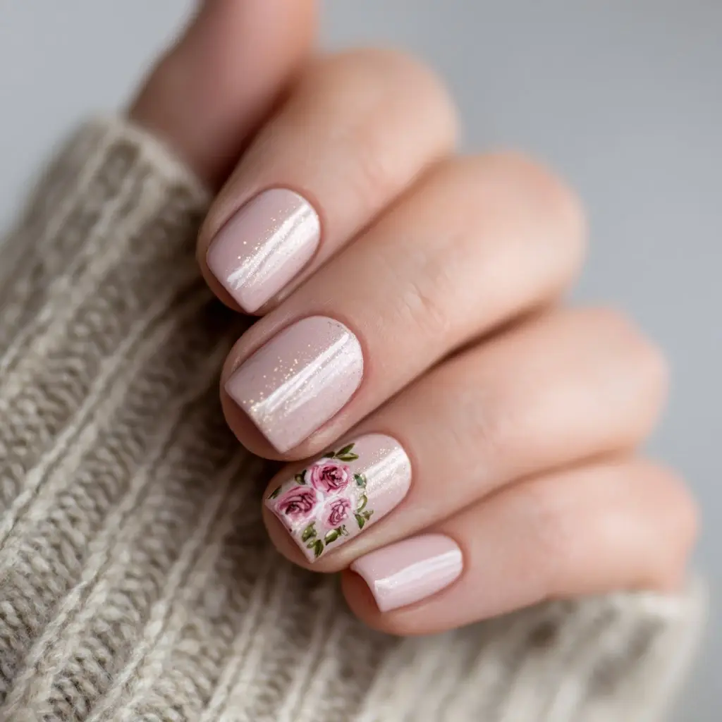 pink and pastel coffin medium nails with floral and glossy