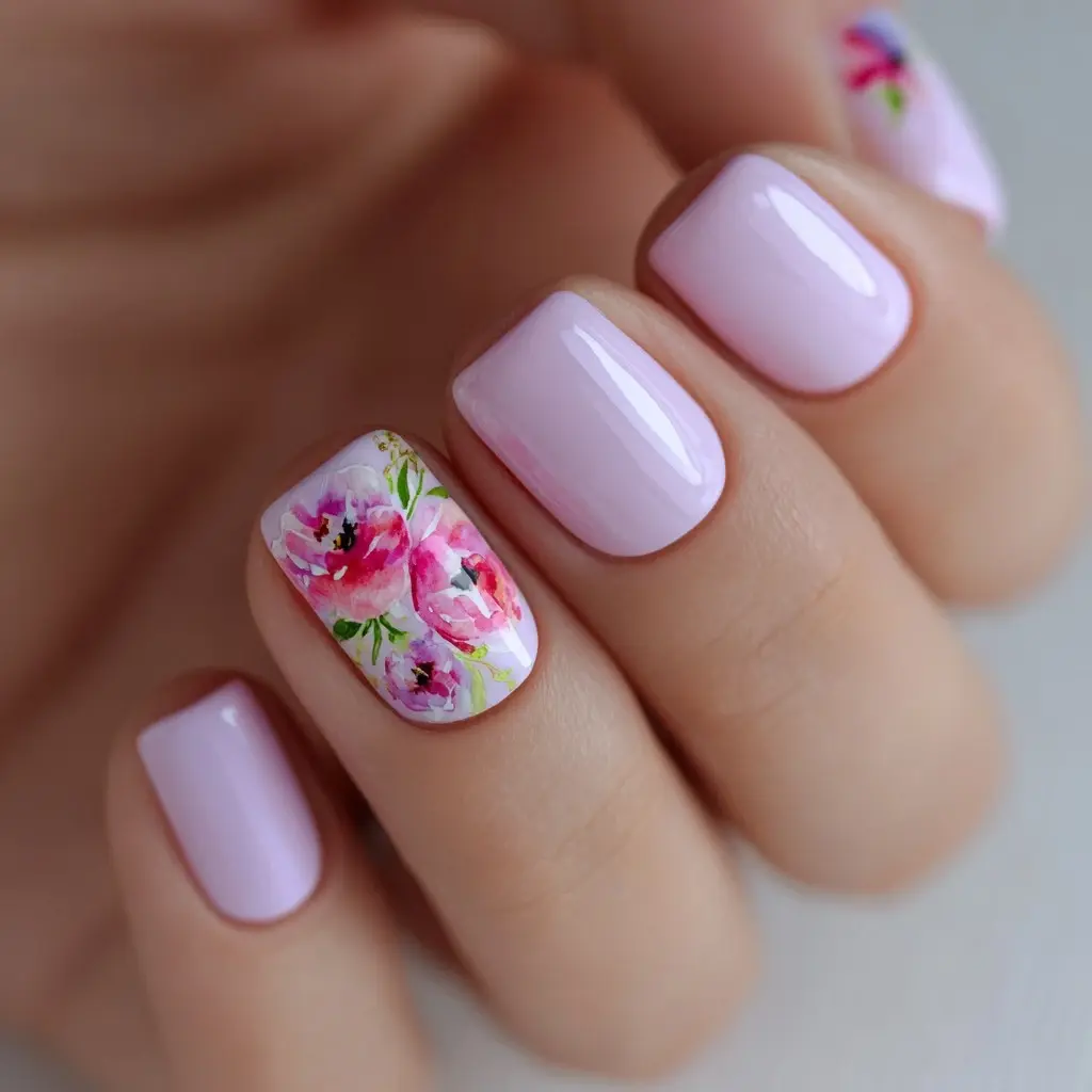 pink and pastel coffin medium nails with floral and glossy