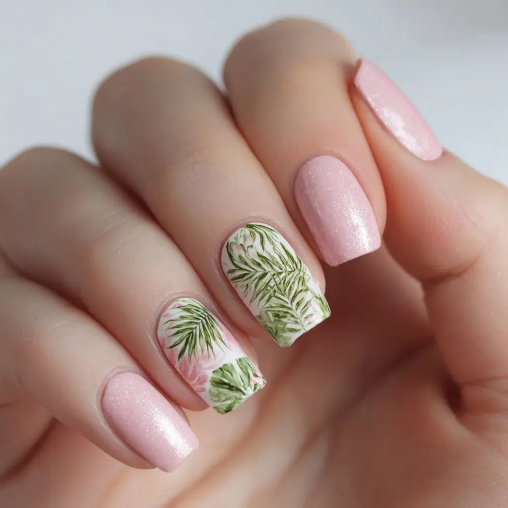 pink and green coffin medium nails with floral and glossy