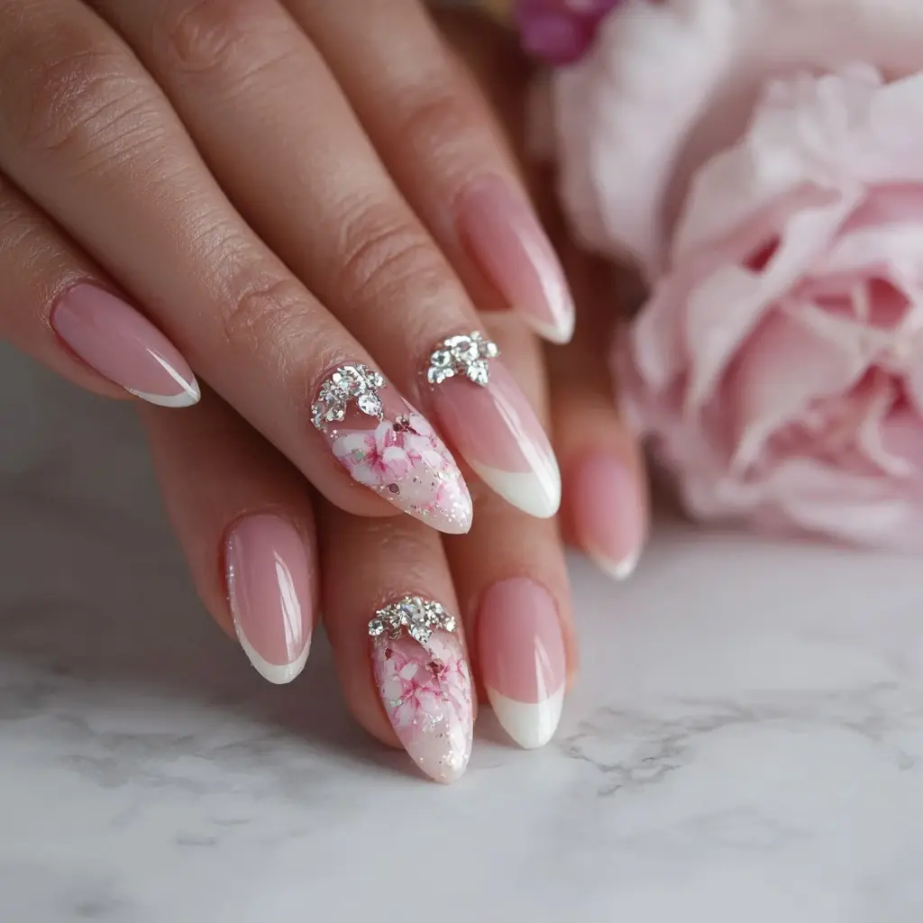 pink and white coffin long nails with floral and glossy