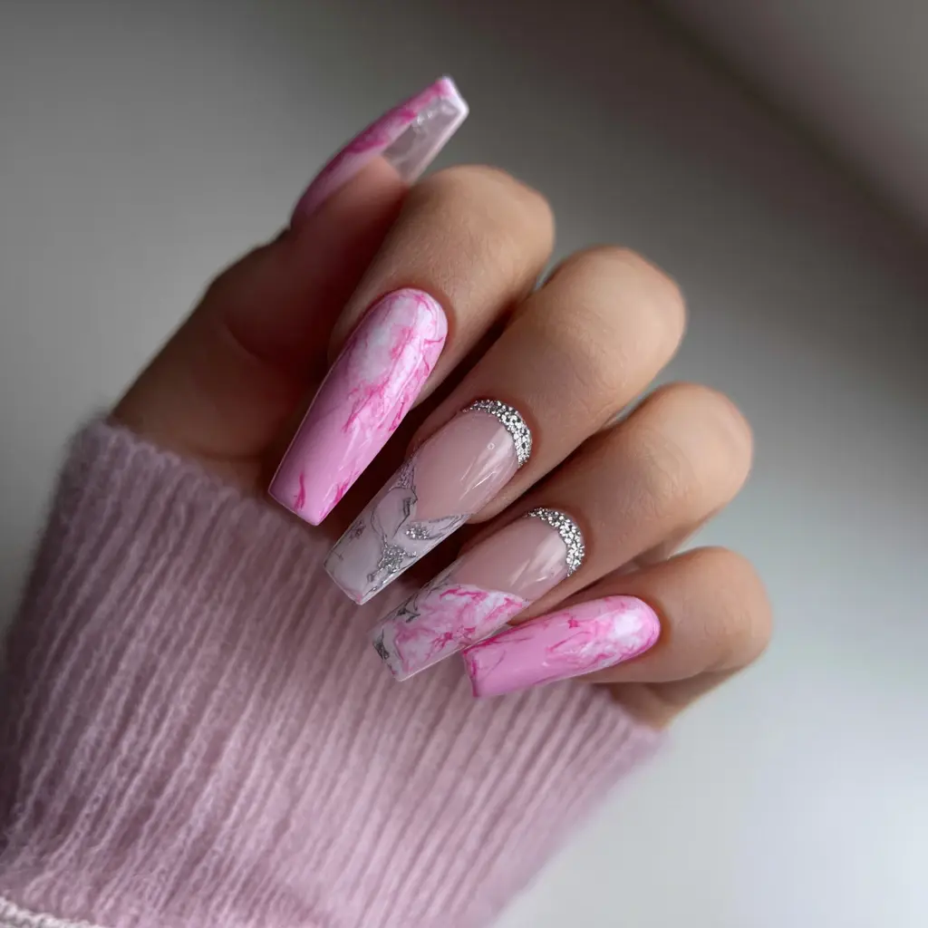 pink and white coffin long nails with abstract and glossy