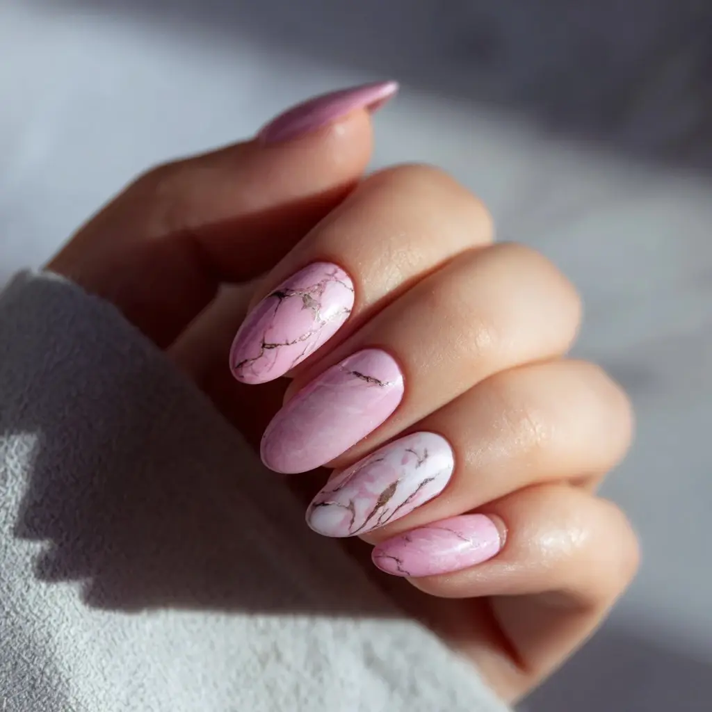 pink and white coffin medium nails with abstract and glossy