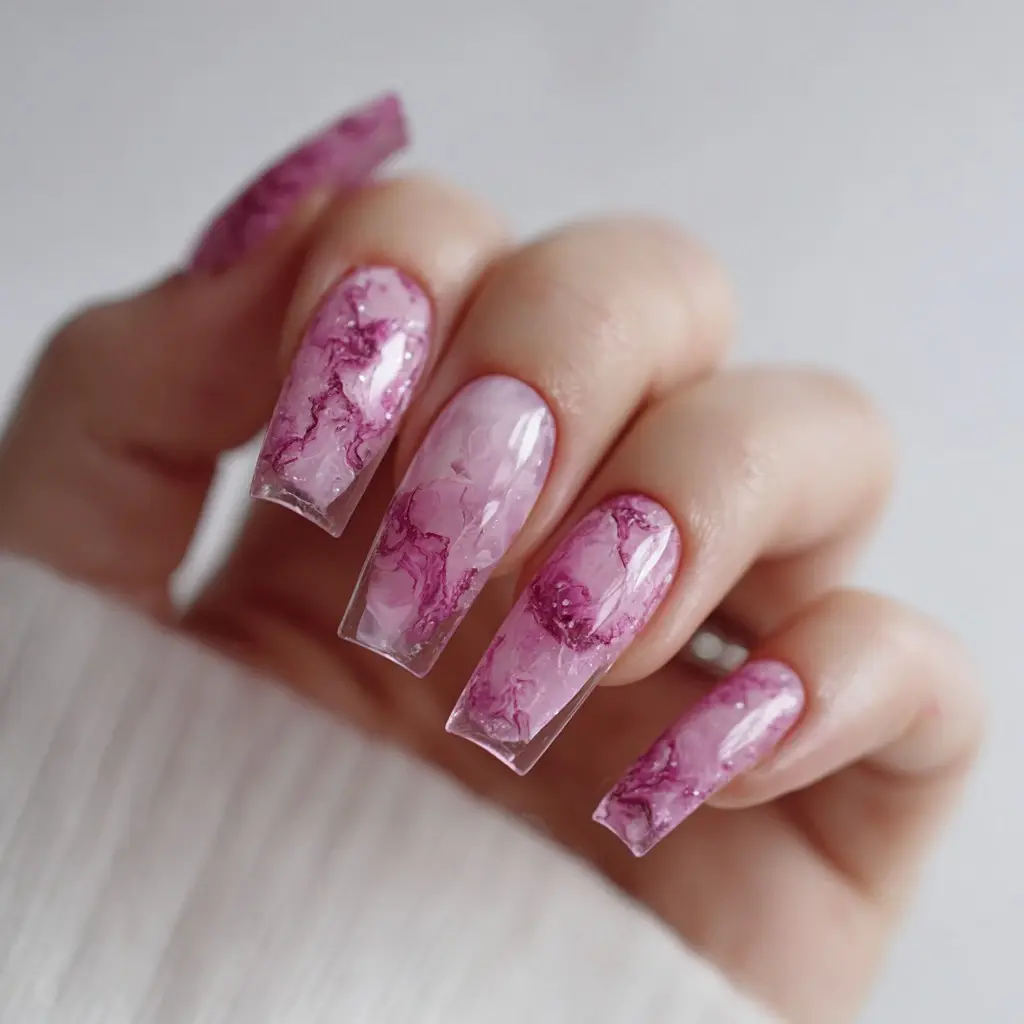 pink and purple coffin medium nails with abstract and glossy
