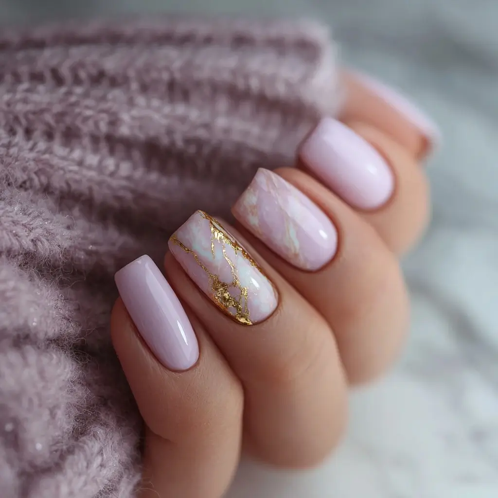 pink and metallic coffin medium nails with abstract and glossy