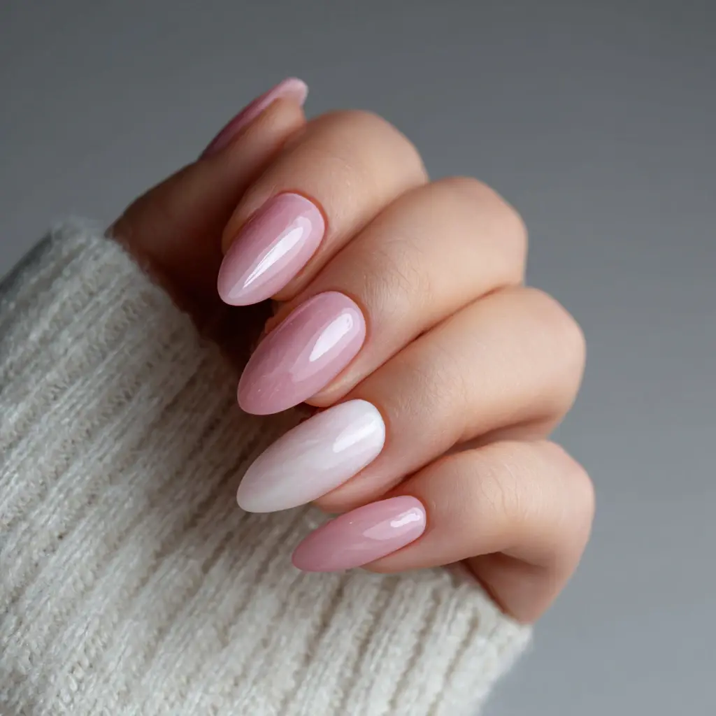 pink and pastel almond long nails with ombre and glossy
