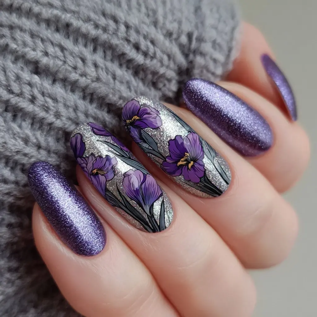 purple and metallic coffin long nails with floral and glossy