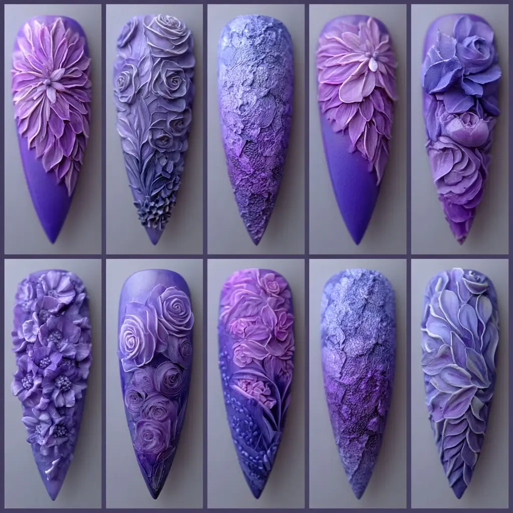 purple and pastel coffin long nails with floral and 3d