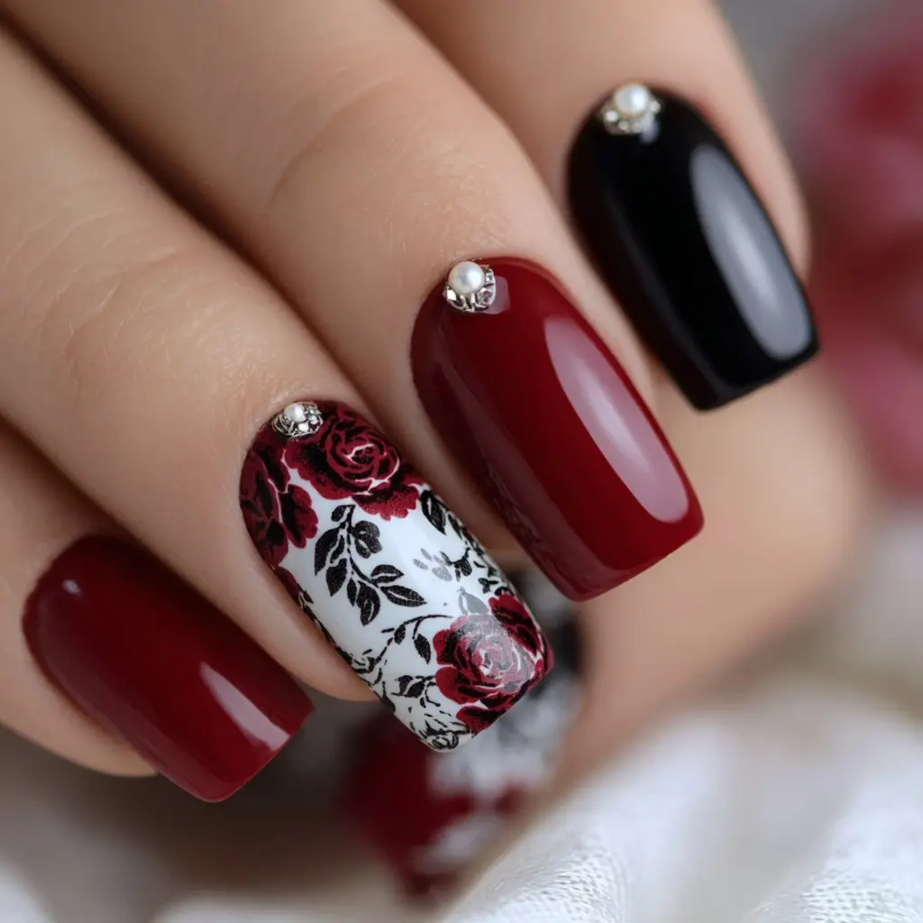 red and black coffin long nails with floral and abstract