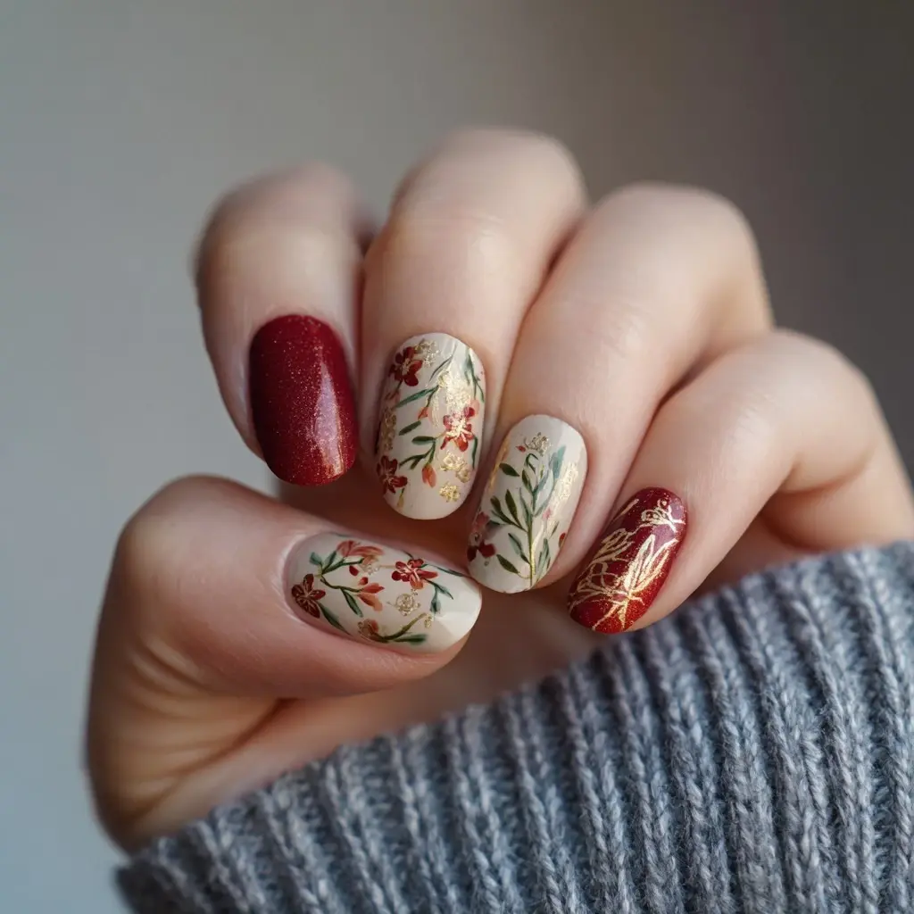 red and white oval medium nails with floral and abstract