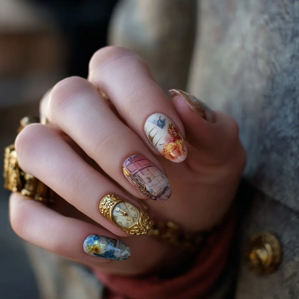 pink and yellow coffin long nails with floral and abstract