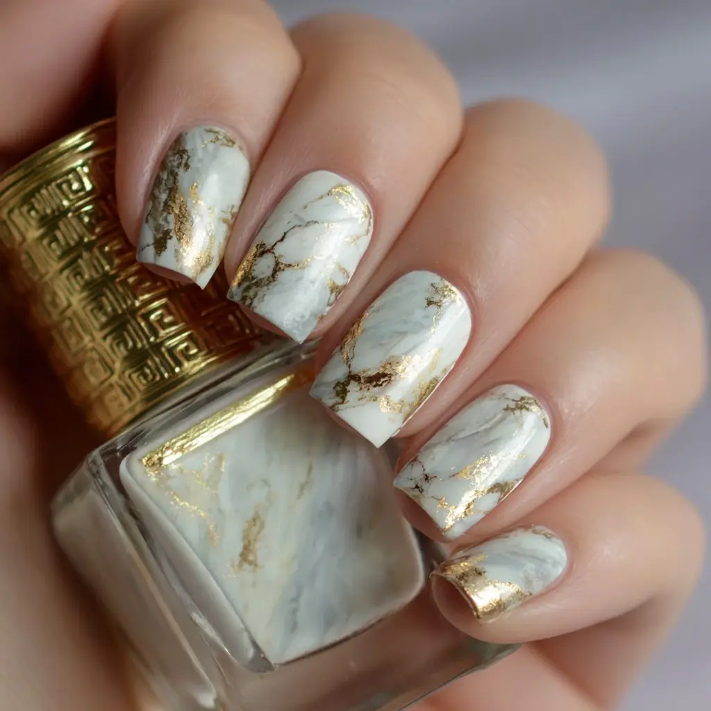 white and gold coffin medium nails with abstract and glossy