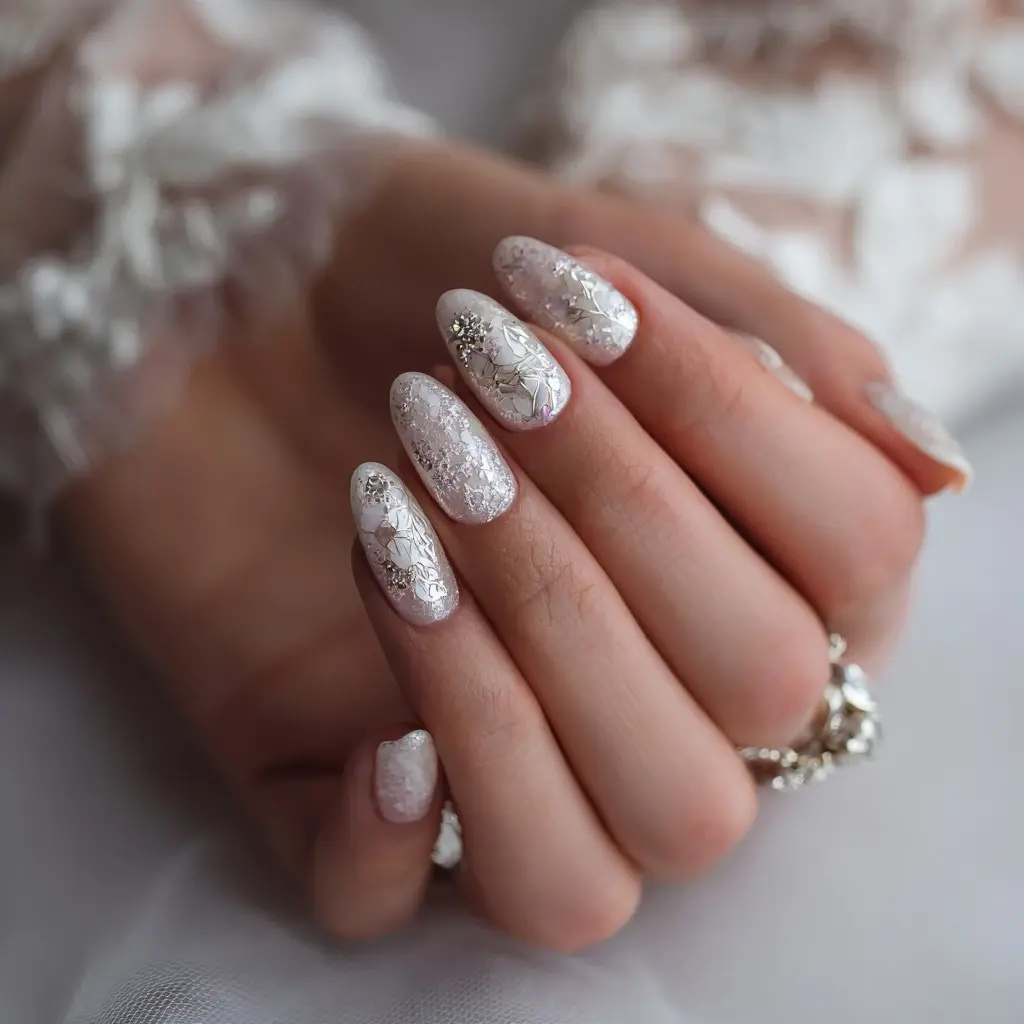 white and metallic almond medium nails with floral and glossy