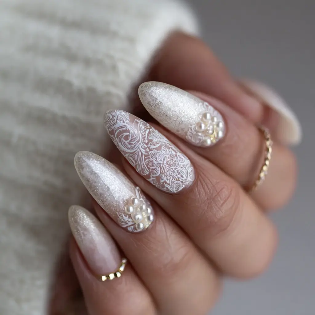 white and pastel almond long nails with floral and glossy