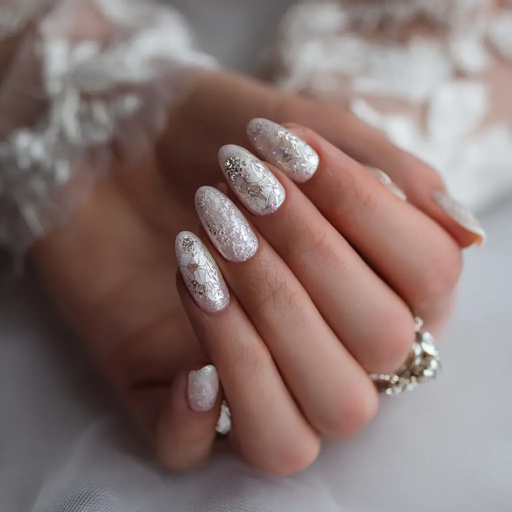 white and metallic almond medium nails with floral and glossy