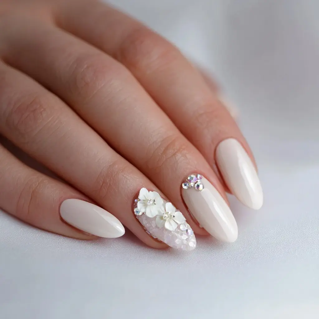 white and pastel coffin long nails with floral and glossy