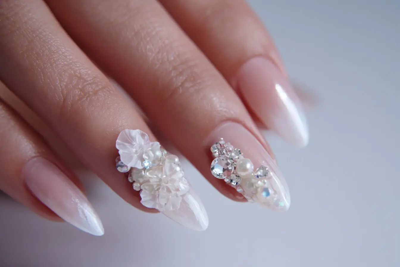 white and pastel coffin medium nails with floral and glossy