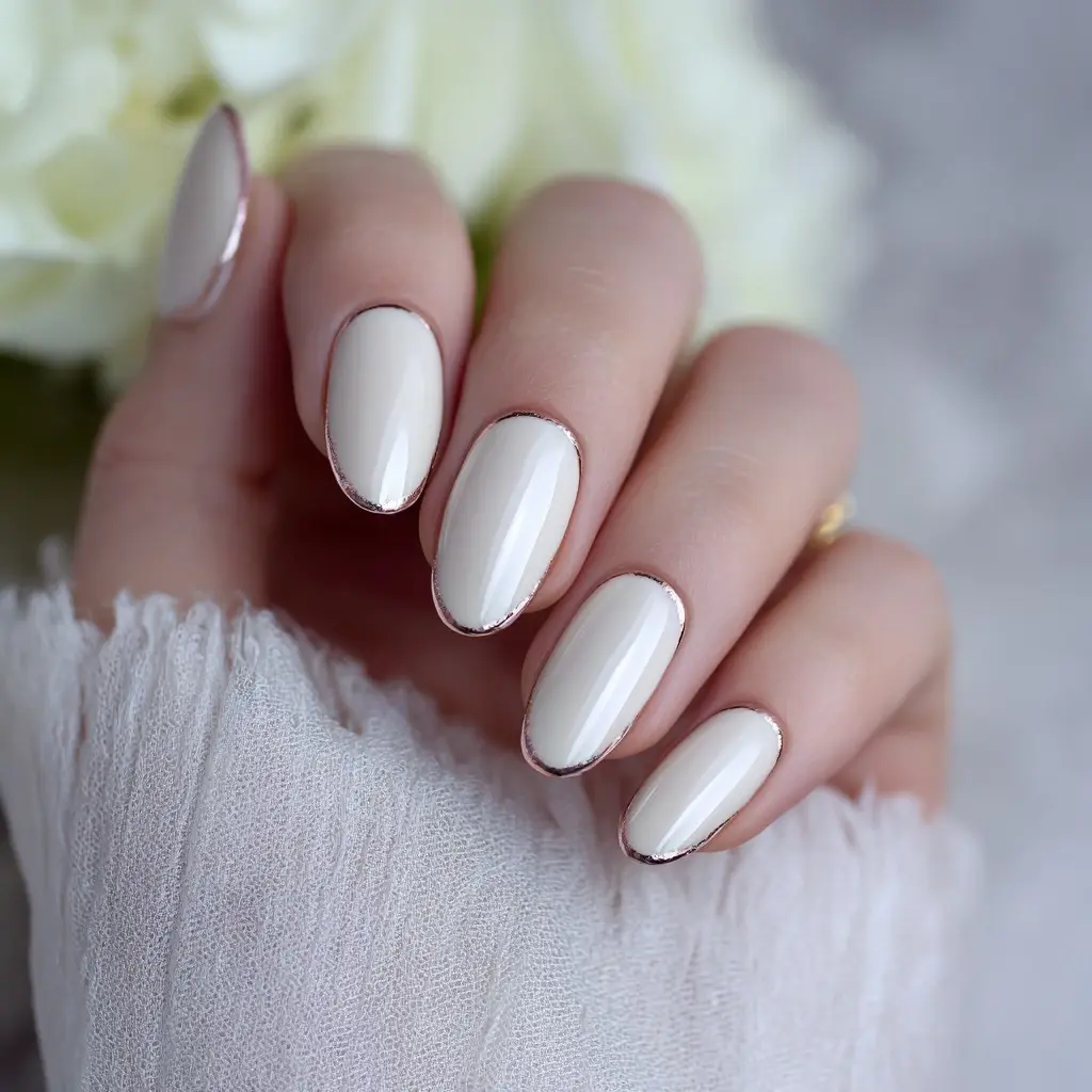 white and metallic almond medium nails with french and glossy