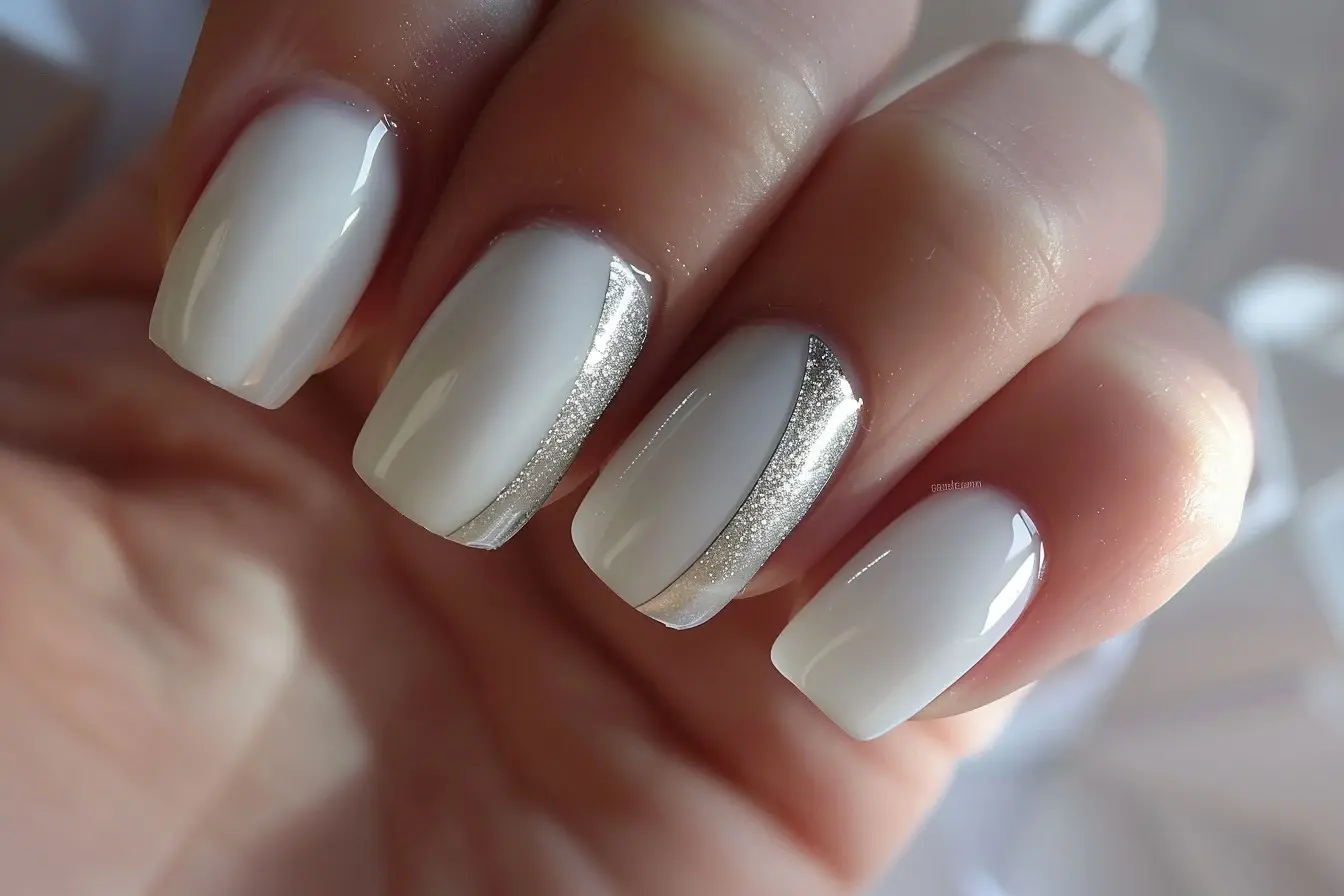 white and metallic coffin medium nails with french and glitter