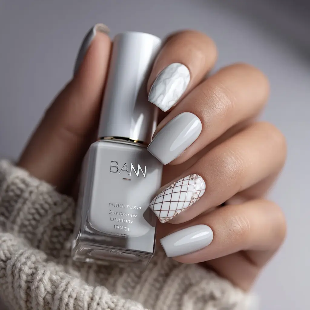 white and metallic coffin medium nails with geometric and glossy