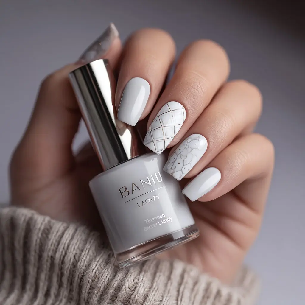 white coffin medium nails with geometric and minimalist