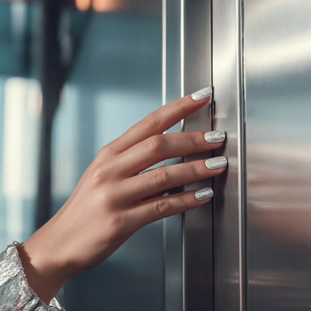 white and metallic square medium nails with glitter and glossy