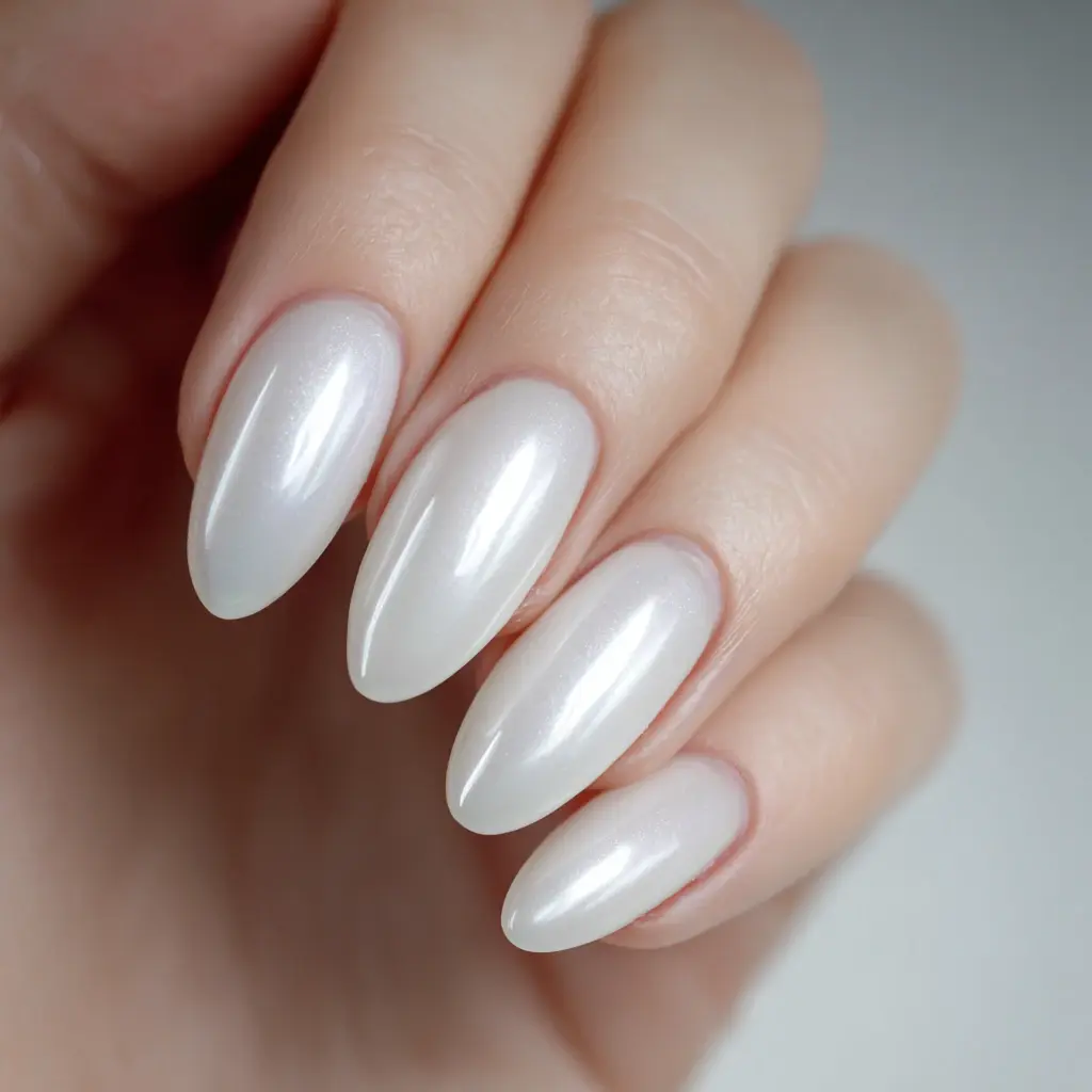 white almond medium nails with glossy and minimalist