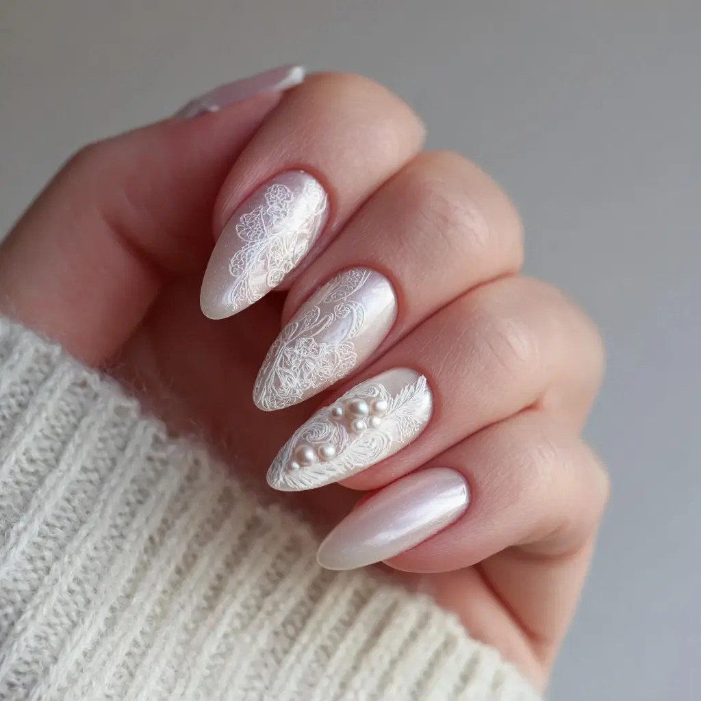 white almond medium nails with floral and glossy