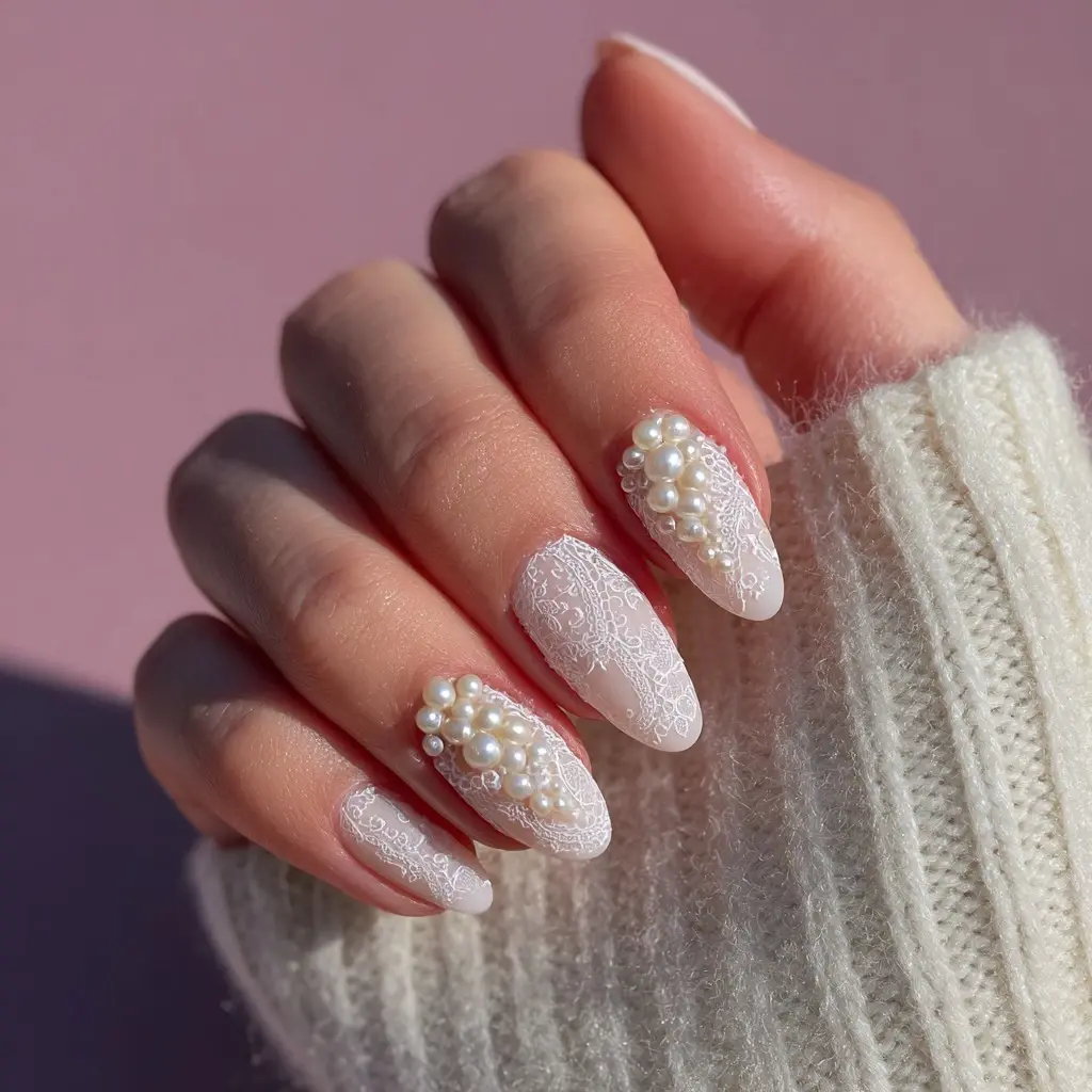 white almond medium nails with floral and glossy