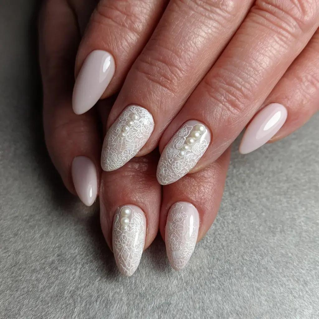 white and nude stiletto long nails with floral and glossy