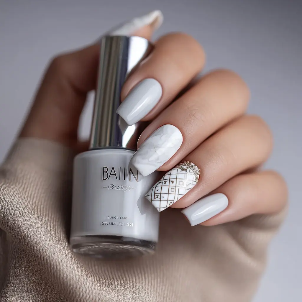 white coffin long nails with abstract and glossy