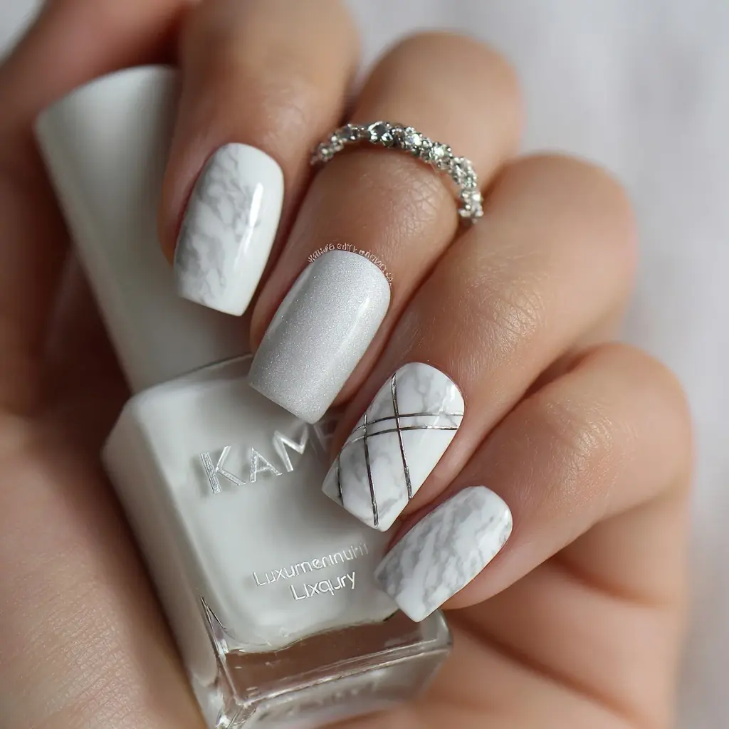white coffin medium nails with abstract and matte