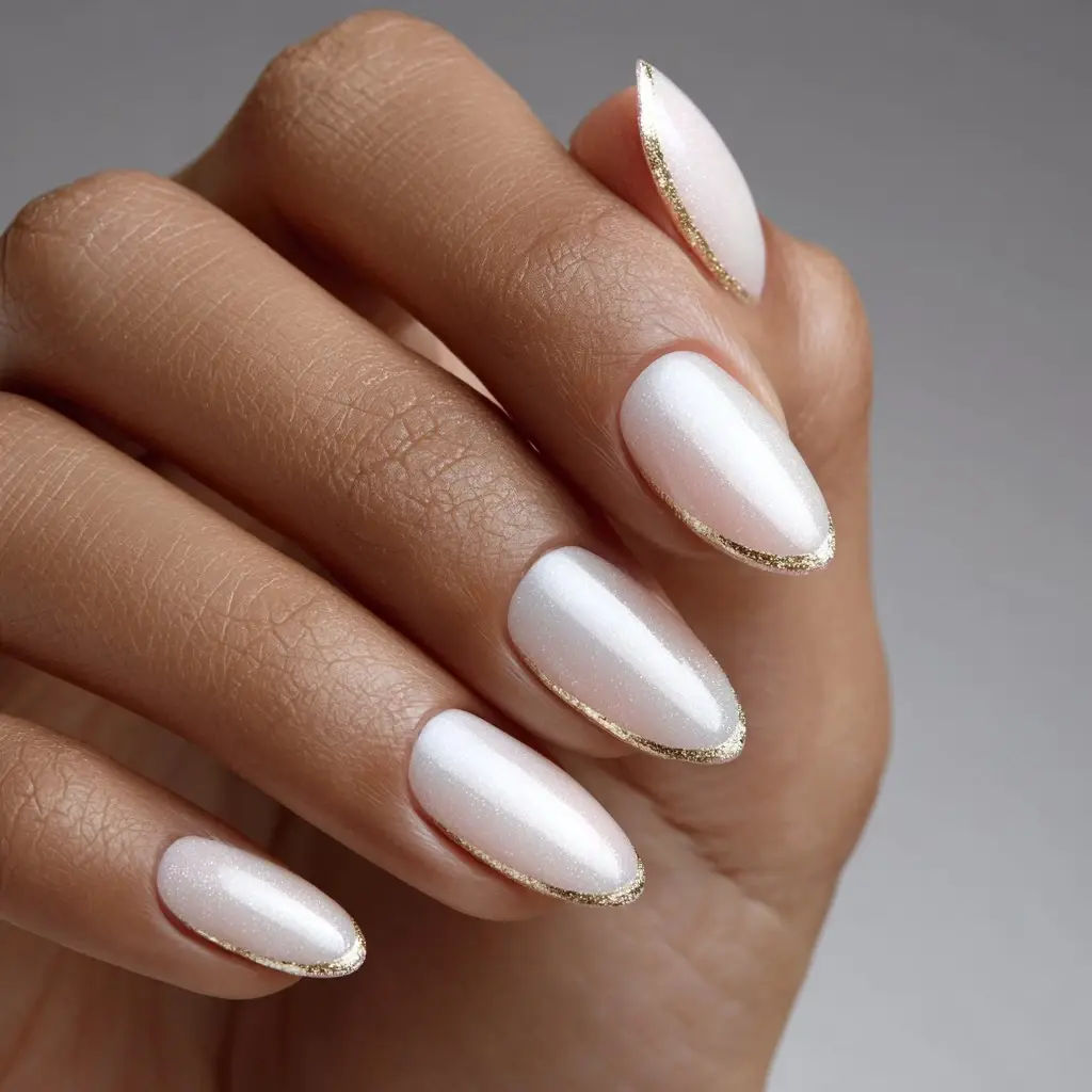 white and gold coffin medium nails with minimalist and glossy
