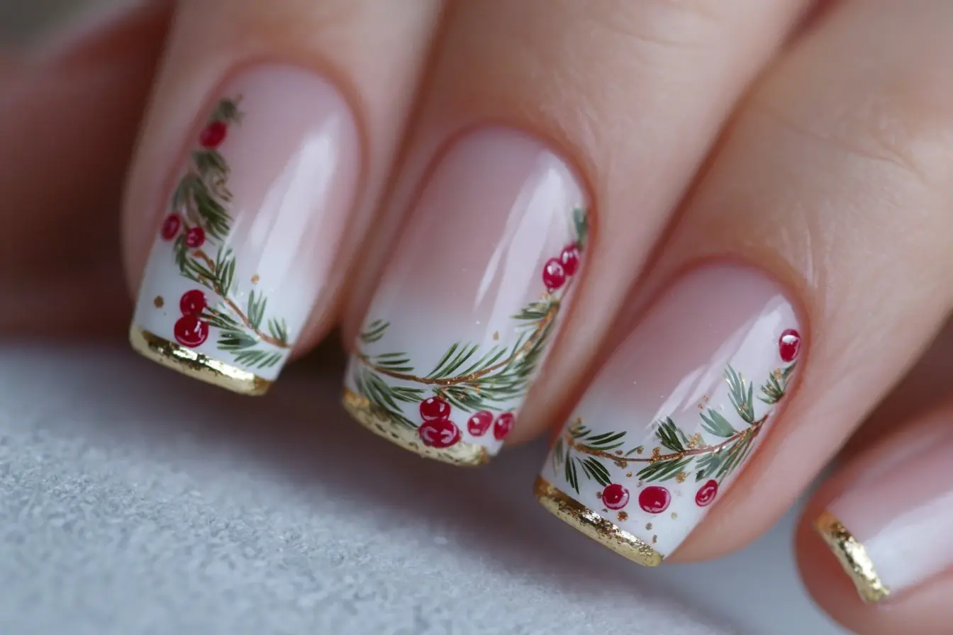 Elegant Winter Holiday Floral Coffin Nail Art Design