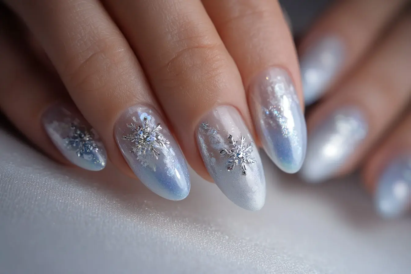 white and blue coffin long nails with glitter and abstract
