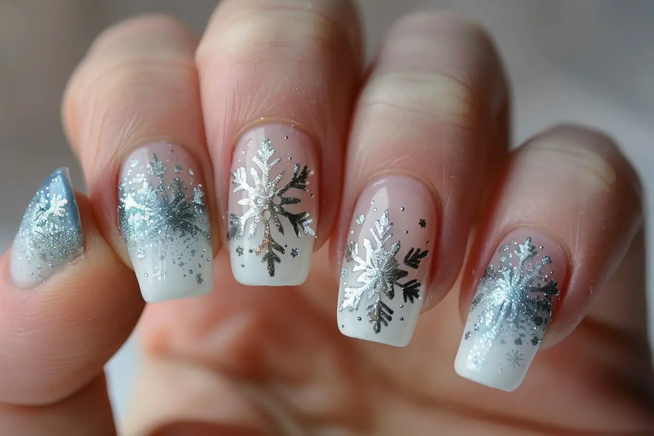 white and silver coffin medium nails with glitter and abstract