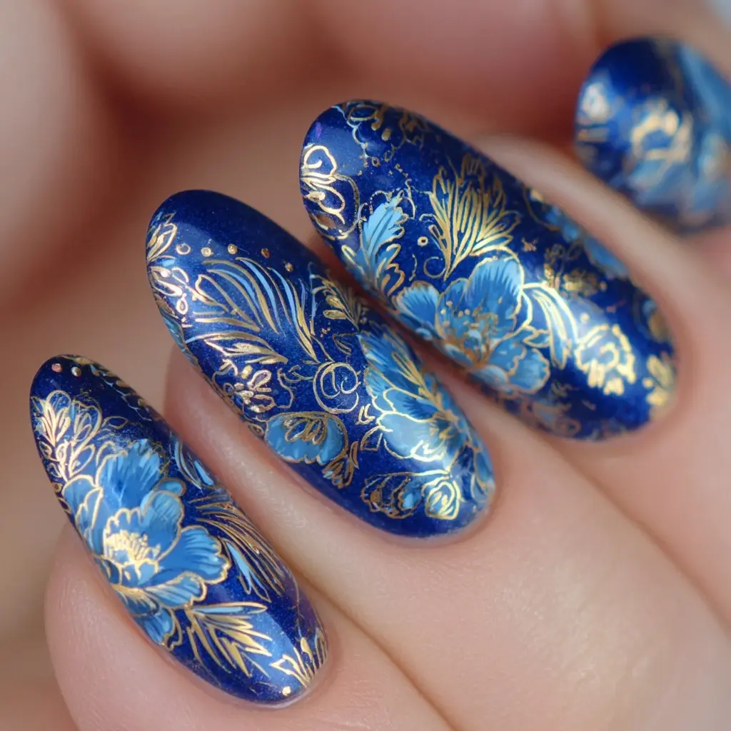 blue and gold coffin long nails with floral and glossy