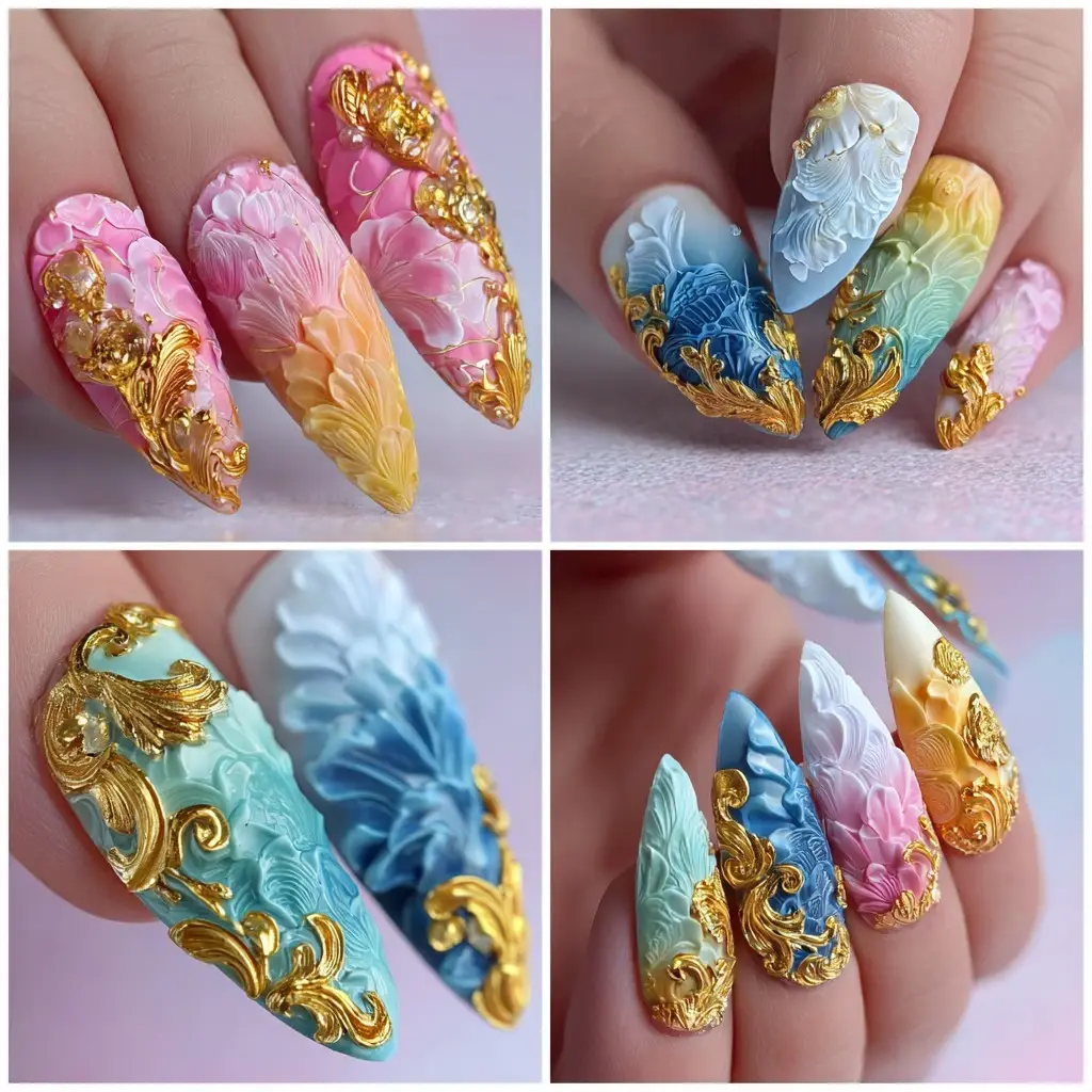 pink and blue coffin long nails with floral and glossy