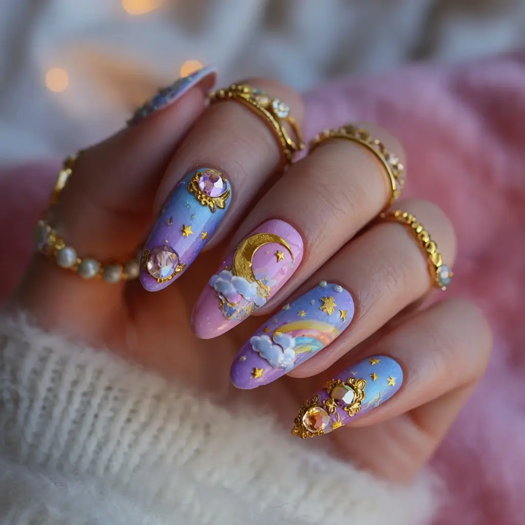 purple and pink coffin long nails with abstract and glossy